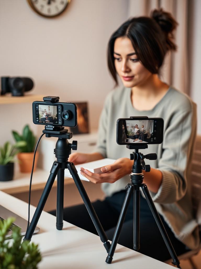 Professional creator filming a product video at a home desk setup