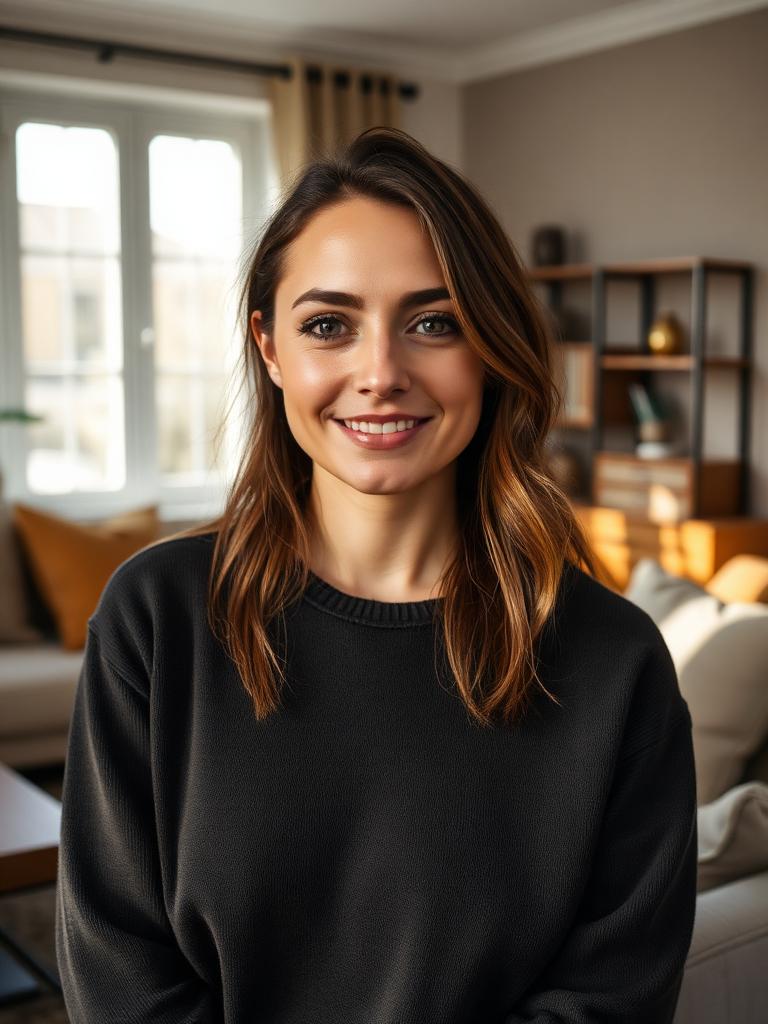 Professional lifestyle creator in a warm modern living room setting
