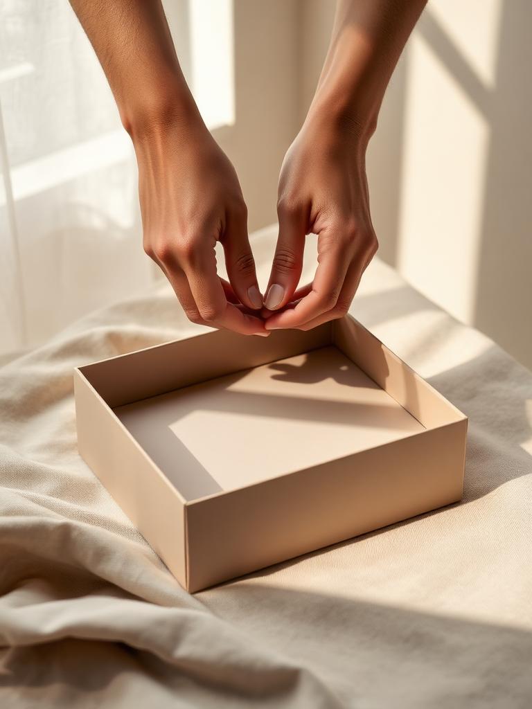 Close-up of hands unboxing a premium product on linen